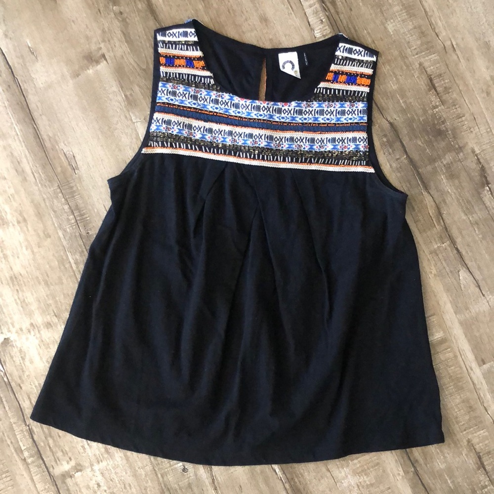 Akemi & Kin Black Sleeveless Swing Tank Tribal Trim & Beading Anthropologie Med